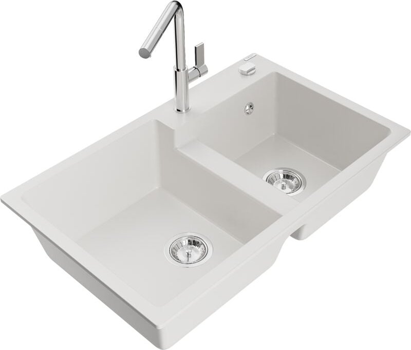 Tomas 2-Becken-Granitspüle mit Mischbatterie Flora, Weiß - 6516-20-670401-00 - Mexen