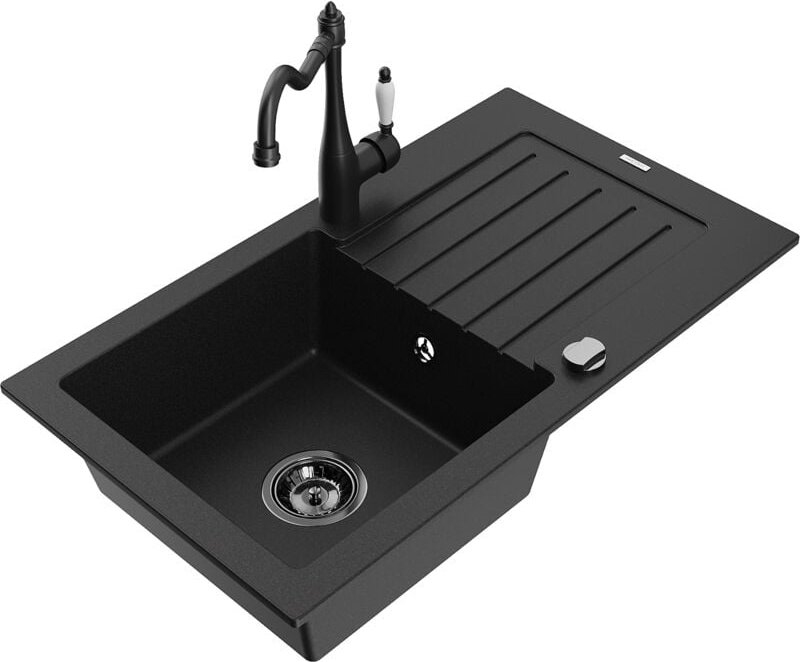 Mexen Pablo 1 Becken-Granitspüle mit Abtropffläche und Mischbatterie Carla, Schwarz - 6510-77-670700