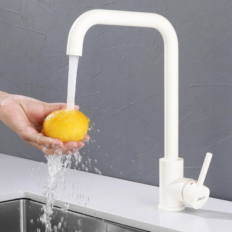 Thumbnail - Onece - Wasserhahn Küche Weiß, Küchenarmatur mit 360° drehbar, Mischbatterie Küche Spültischarmatur aus Edelstahl, mit A...