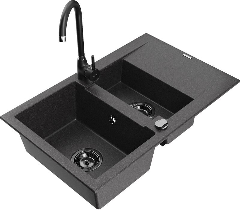 Gaspar 1,5-Becken-Granitspüle mit Abtropffl√§che und Mischbatterie Telma, Schwarz gesprenkelt - 6507-76-670200-70-B - Me...