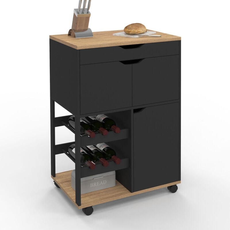 Küchenwagen COSY mit Schränken und Flaschenablage aus Holz und Schwarz
