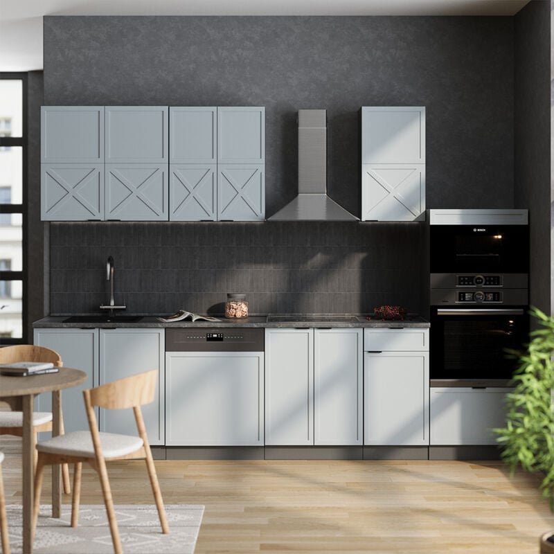 Küchenzeile Fame-Line, Hellblau-grau/Anthrazit, 300 cm mit Hochschrank, AP Eiche, Vicco