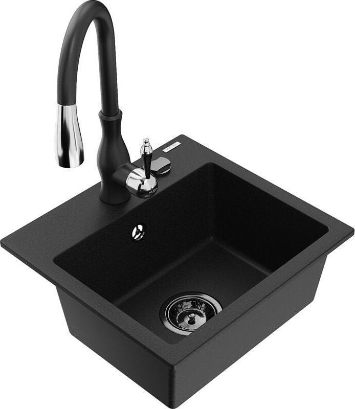 Milo 1-Becken-Granit-Spüle mit Mischbatterie Savita, Schwarz - 6505-77-672601-70-B - Mexen