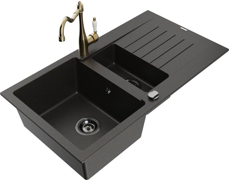 Matias 1,5-Becken-Granitspüle mit Abtropffläche und Mischbatterie Carla Schwarz/Gold metallisc - Mexen