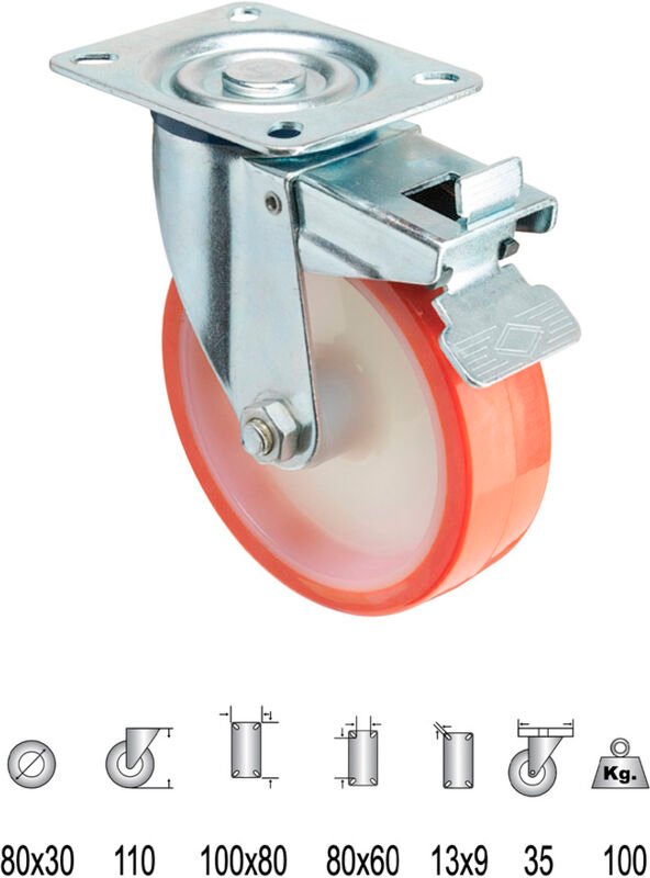 Industrielle Rolle aus Polyurethan mit Platte und Bremse 80 mm.