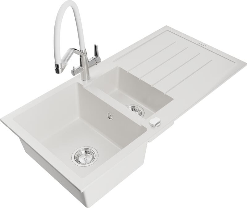 Andres 1,5-Becken-Granitspüle mit Abtropffläche und Mischbatterie Duo, Weiß - 6515-20-671701-0 - Mexen