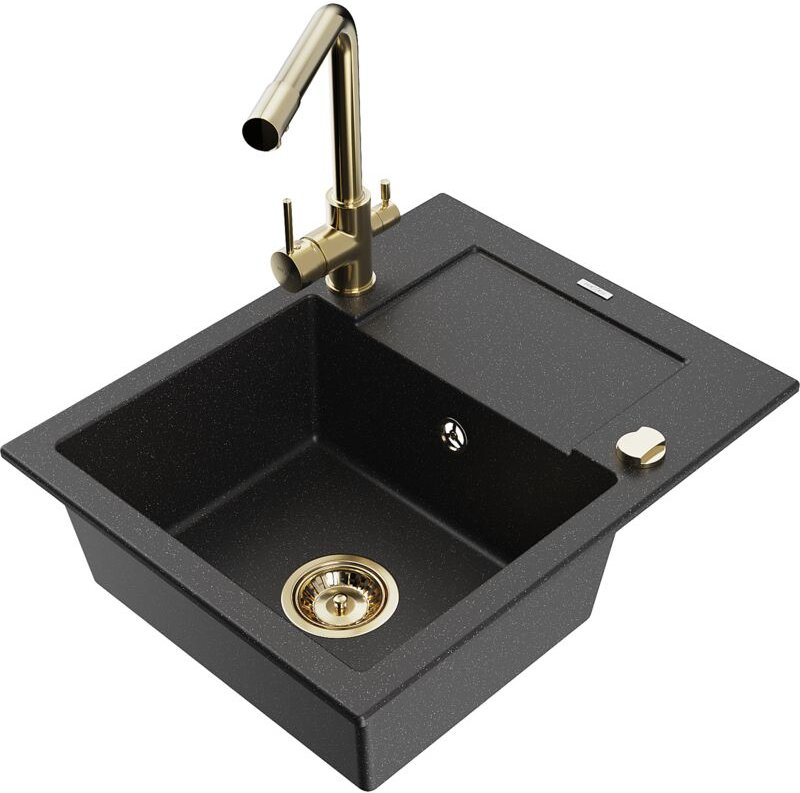 Enzo 1 Becken-Granitspüle mit Abtropffläche und Mischbatterie Duero, Schwarz/Silbermetallic - - Mexen