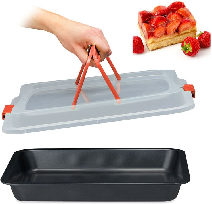 Thumbnail - Relaxdays Backblech mit Deckel, 3 in 1 Kuchen Transportbox, BxT 40,5 x 32,5 cm, Backform, Transporthaube, schwarz/ rot
