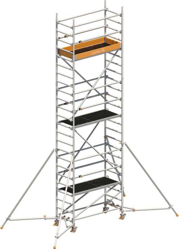 Layher Rollgerüst Uni Leicht mit Sicherheitsaufbau P2 und Uni Telegeländer sowie ausziehbaren Gerüststützen 7,10m AH