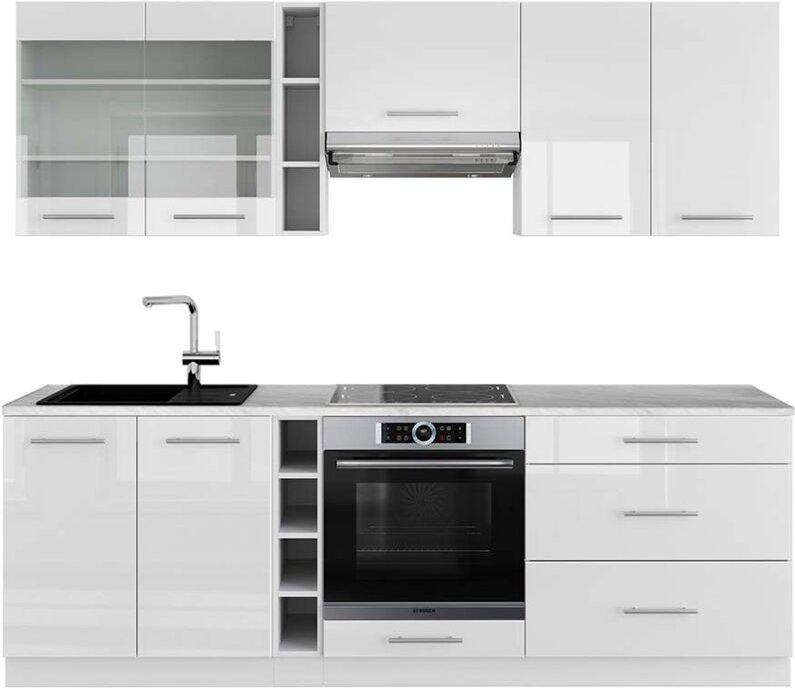 Vicco - Küchenzeile Fame-Line, Weiß Hochglanz/Weiß, 235 cm , ap Marmor