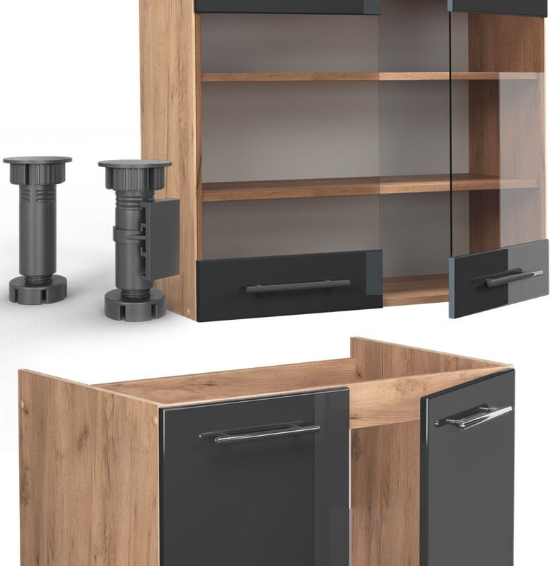 Vicco - Einbauküche Fame-Line, Anthrazit Hochglanz/Goldkraft Eiche, 200 cm , ap Anthrazit