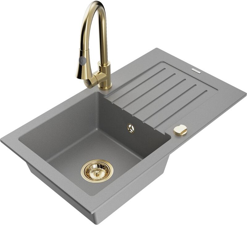 Pablo 1 Becken-Granitspüle mit Abtropffläche und Mischbatterie Elia, Grau - 6510-71-670101-50 - Mexen