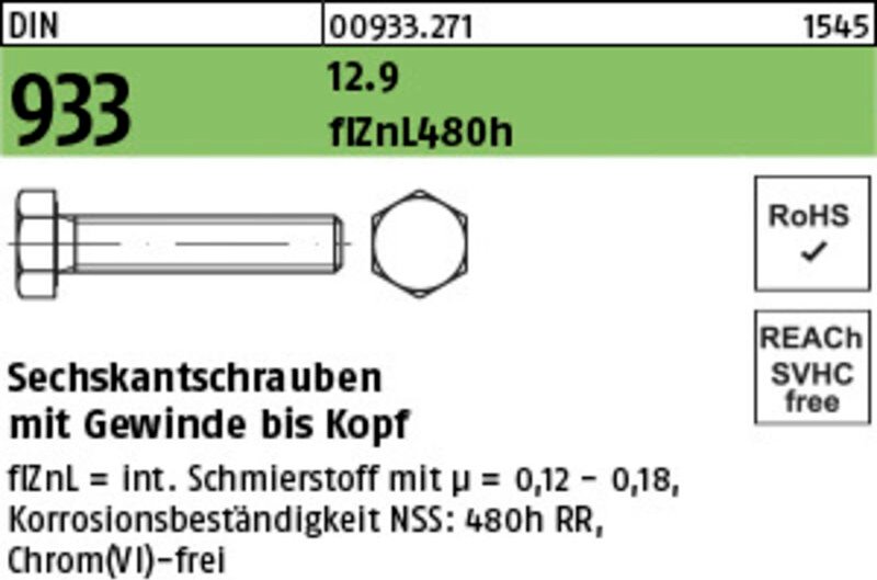 Sechskantschraube DIN 933 VG M 6 x 25 12.9 flZnL 480h zinklamellenbesch.