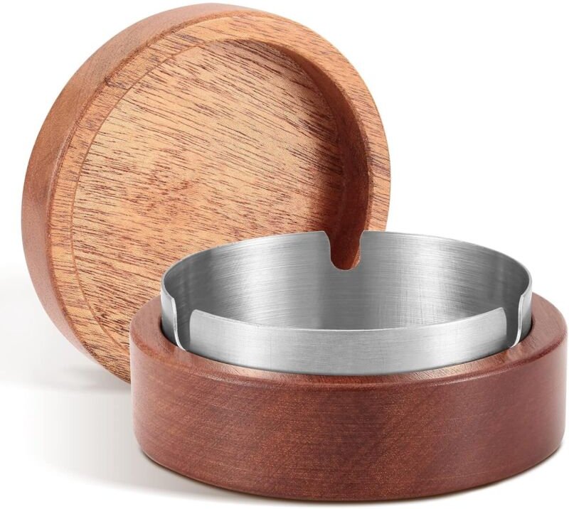 Longziming - Aschenbecher für den Außenbereich, Original-Aschenbecher mit Holzdeckel, tragbarer Aschenbecher mit Innensc...