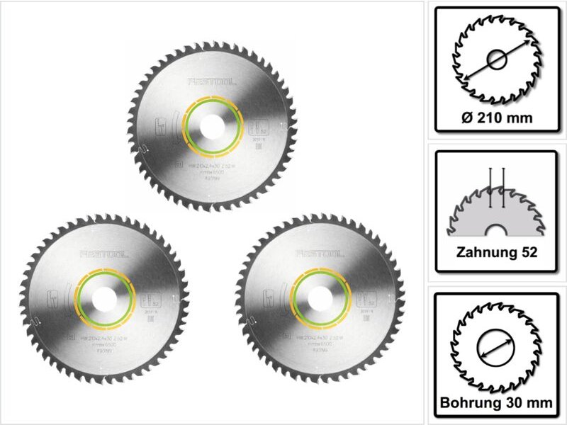 Feinzahn Kreissägeblatt Set 3x 210 x 30 x 2,4 mm W52 210 mm ( 3x 493199 ) 52 Zähne - Festool