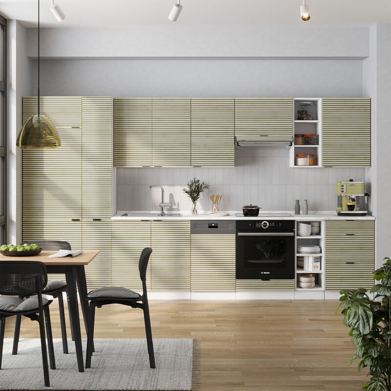 Vicco - Küchenzeile Fame-Line, Eiche Paneel/Weiß, 355 cm , ap Eiche