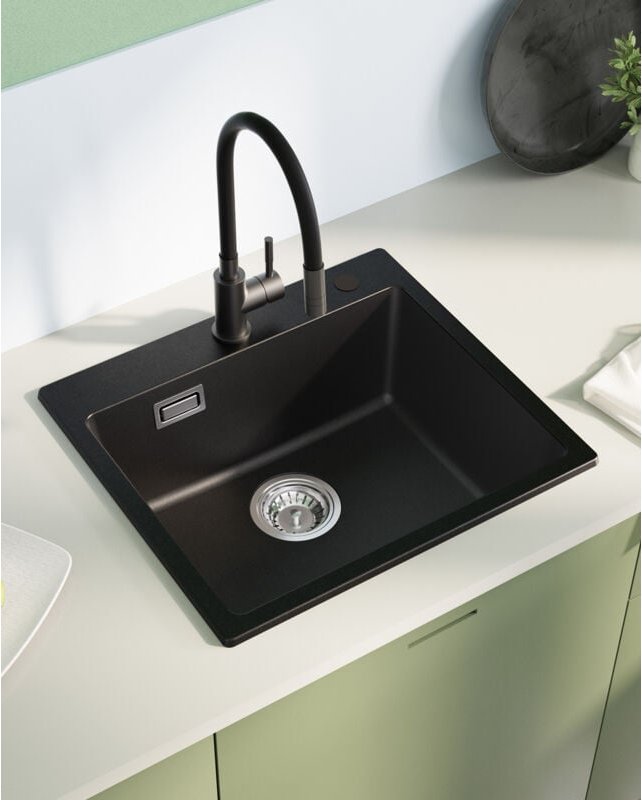 Sofetiy Max Granitspüle 50 x 45 cm Spülbecken Granit, Küchenspüle klein Granit Einbauspüle mit Siphon Ab- und Überlaufga...