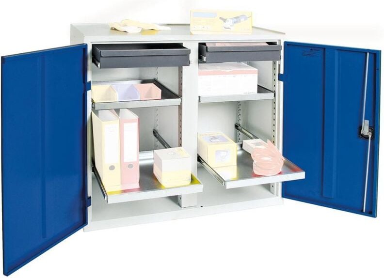 Werkzeug- und Materialschrank Serie 3000 lichtgrau / enzianblau + 2 Schubladen 100 mm + 4 Auszugsboden - 3002274 - Stump...