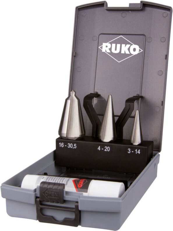 RUKO Blechschälbohrersatz HSS 4tlg. 3 - 14 / 5 - 20 / 16 - 30,5 mm in ABS-Kunststoffkassette - 101020RO