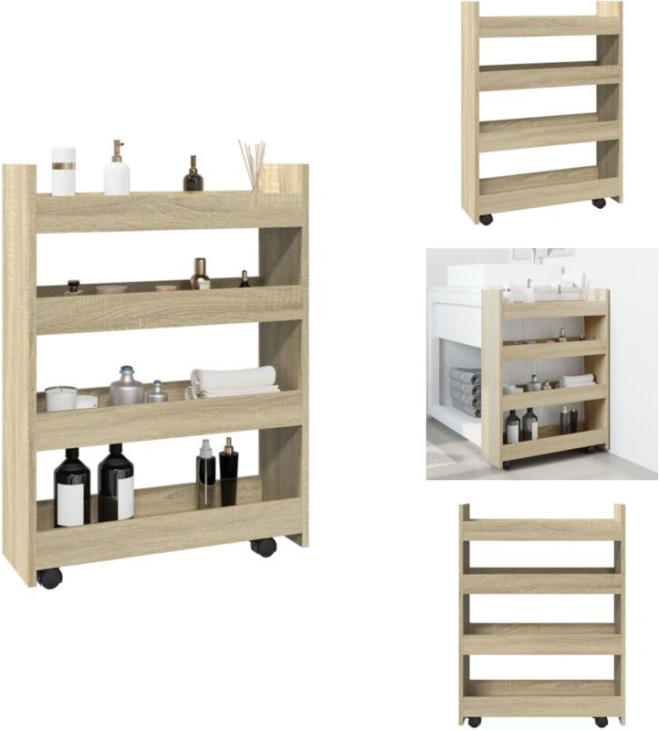 Aufbewahrungswagen Schmal 4 Etagen Sonoma Eiche Holzwerkstoff - Aufbewahrungswagen - Rollwagen - Küchenwagen - Beistellw...