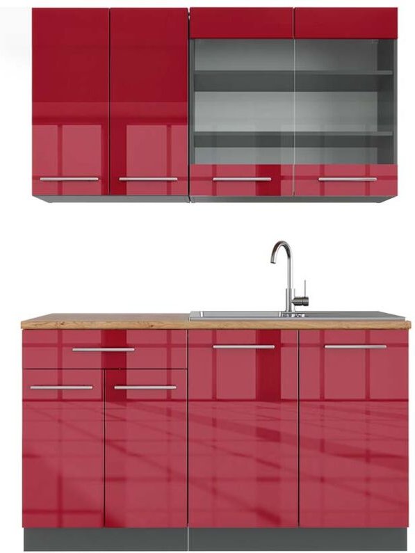 Vicco - Singleküche Fame-Line, Bordeaux Hochglanz/Anthrazit, 140 cm , ap Eiche