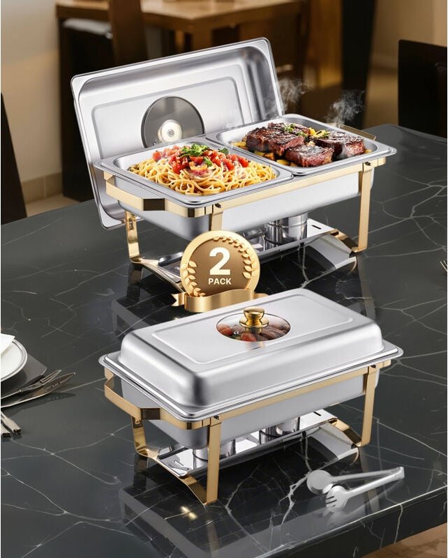 Thumbnail - Chafing Dish Set Speisenwärmer Edelstahl mit 4 Behältern in halber Größe (4 l pro), rechteckiger Wärmespender mit sichtb...