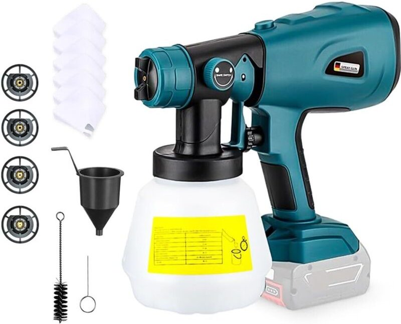 Lackierpistole, Akku-Sprühsystem kompatibel mit Bosch 18V mit Reinigungs- und Blasanschlüssen, 4 Kupferdüsen und 3 Muste...