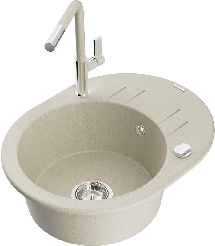 Kevin 1 Becken-Granitspüle mit Abtropffläche und Mischbatterie Flora, Beige - 6517-69-670401-0 - Mexen