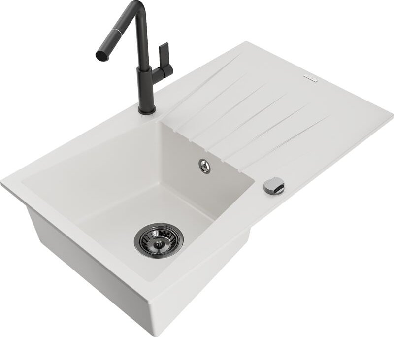 Cesar 1 Becken-Granitspüle mit Abtropffläche und Mischbatterie Flora, Weiß - 6514-20-670401-70 - Mexen