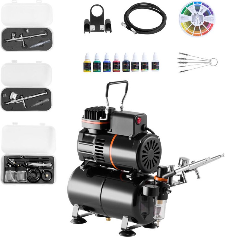 Mophorn Airbrush-Set 1/6 PS mit Kompressor und Tank, Dual-Action, 3 Airbrush-Pistolen mit Düsen (0,3/0,3/0,5 mm), Schlau...