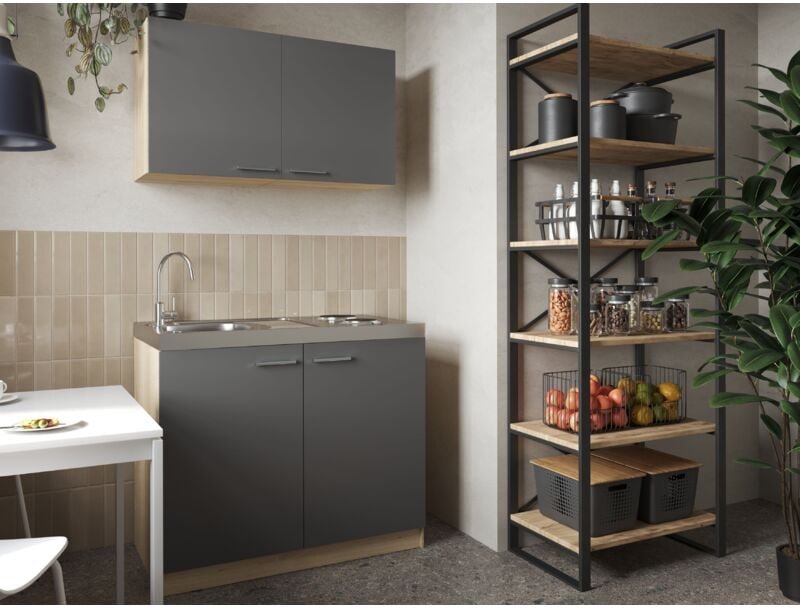 Thumbnail - Küche Miniküche Singleküche Pantry Eiche Sägerau Grau Merle 100 cm Respekta