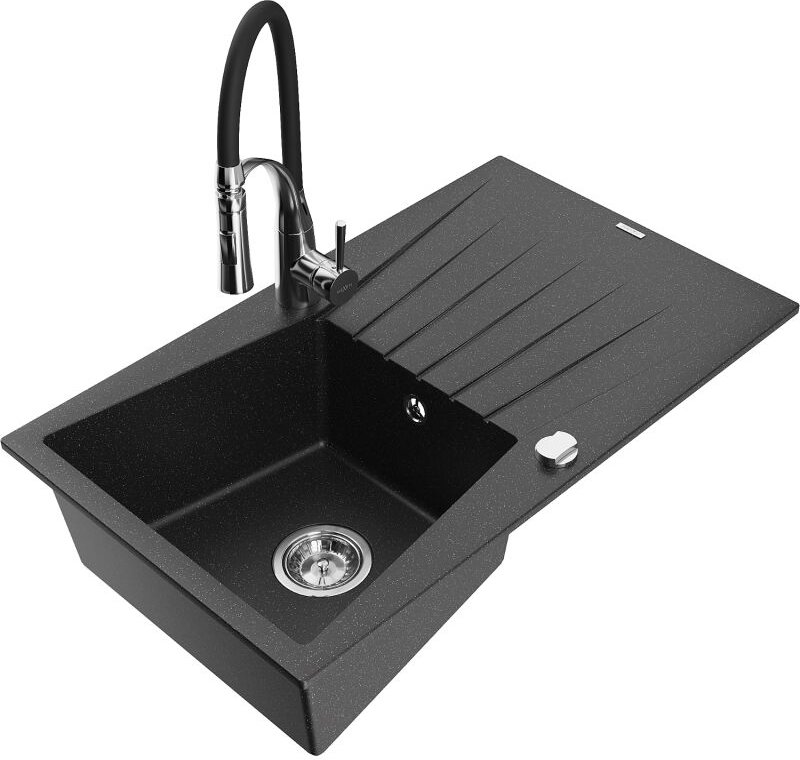 Cesar 1 Becken-Granitspüle mit Abtropffl√§che und Mischbatterie Aster, Schwarz/Silbermetallic - 6514-73-73450-07 - Mexen