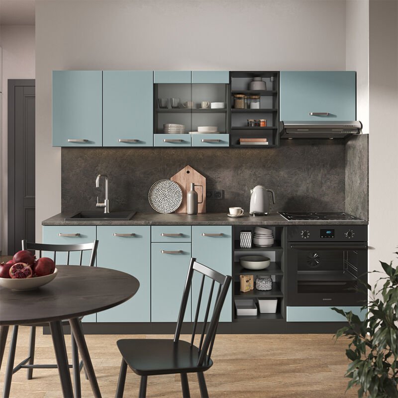 Vicco - Küchenzeile R-Line, Blau-Grau/Anthrazit, 240 cm ohne Arbeitsplatte