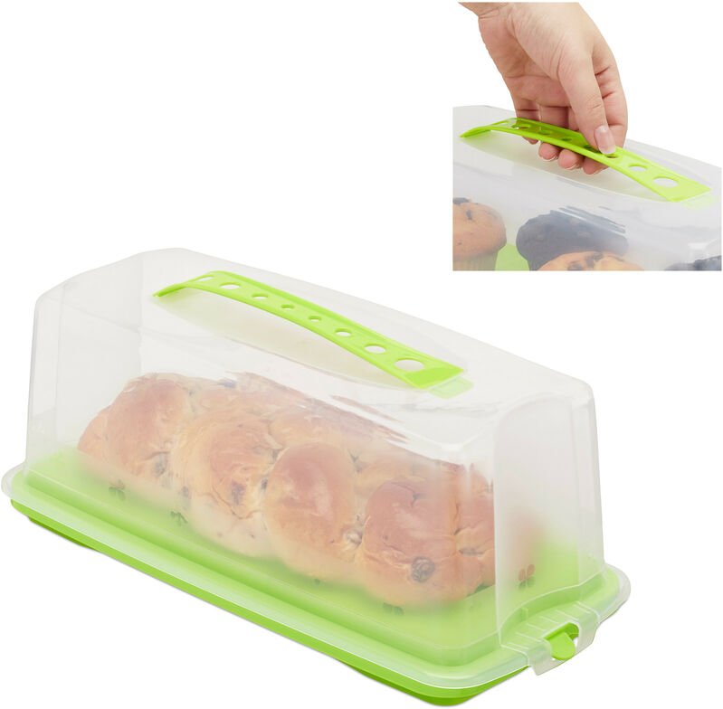 Relaxdays Kuchenbox eckig, Tragegriff, mit Deckel, für Kastenkuchen, Kuchenbutler, HBT 15 x 37 x 16 cm, grün/transparent