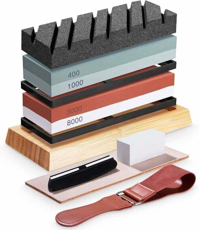 Schleifstein-Set, doppelseitig, Körnung 400/1000 und 3000/8000, professioneller Schleifstein mit rutschfester Bambusbasi...