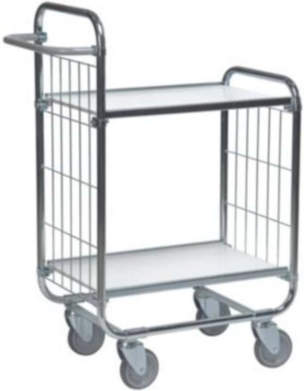 Kongamek Bordwagen verzinkt mit 2 laminierten Böden 620x425mm und vergitterten Stirnwänden