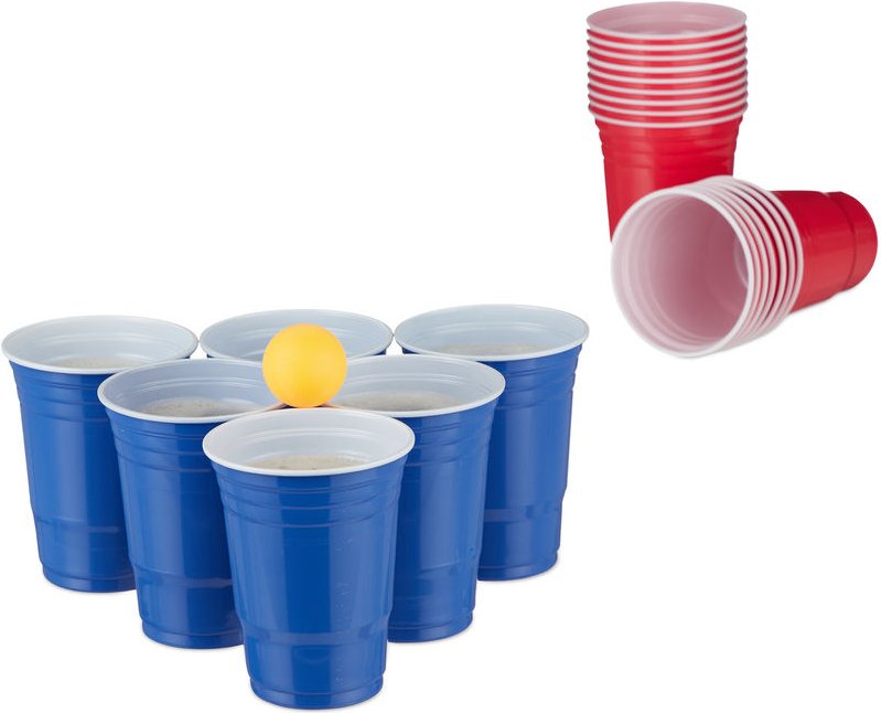Thumbnail - Relaxdays Bierpong Becher Set, Bier Pong Set mit 6 Bällen, 50 Beer Pong Becher, Trinkspiel, Partybecher 16 oz, rot/blau