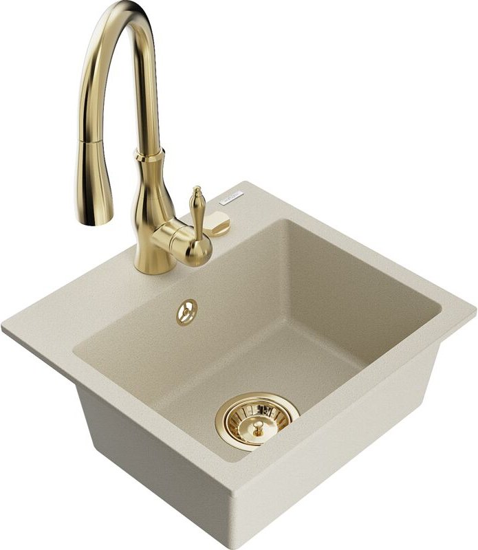 Milo 1-Becken-Granit-Spüle mit Mischbatterie Savita, Beige - 6505-69-672601-50 - Mexen