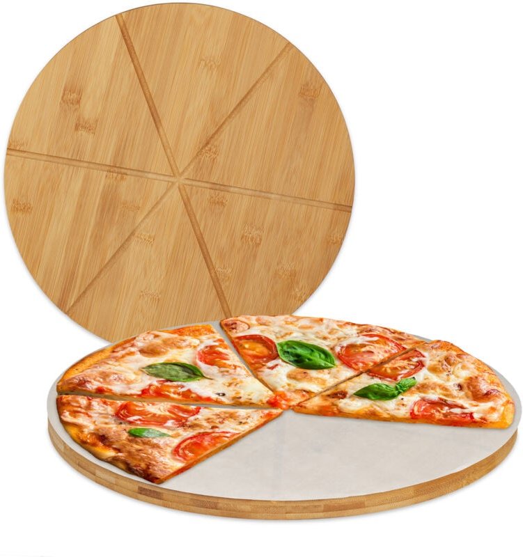 Relaxdays - 4 x Pizzabrett Bambus, runde Pizzateller 33 cm ø, inklusive Backpapier, Pizza Schneidebrett mit Rillen, natu...