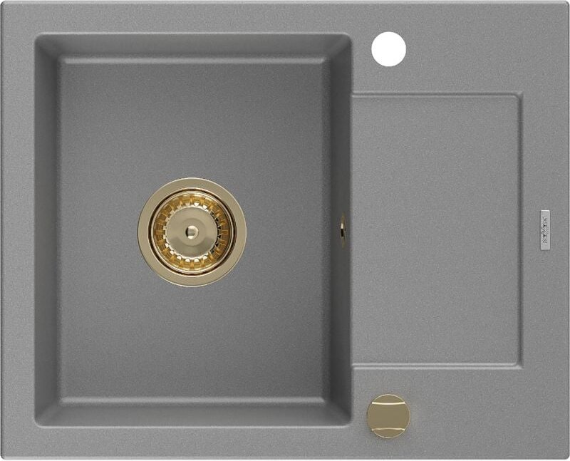 Enzo Granitspüle mit einem Becken und einer Abtropffläche 576 x 465 mm, Grau, Siphon Gold - 65 - Mexen
