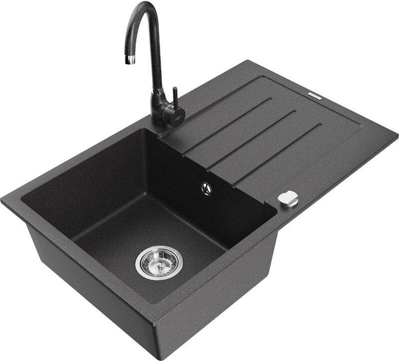 Bruno 1 Becken-Granitspüle mit Abtropffläche und Mischbatterie Telma, Schwarz gesprenkelt - 65 - Mexen