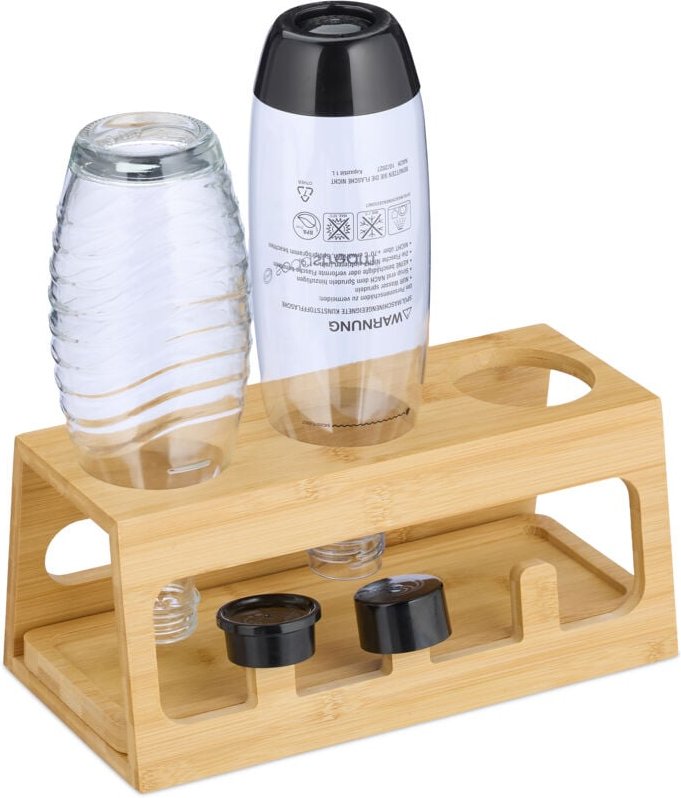 Thumbnail - Relaxdays - Flaschenhalter kompatibel mit Sodastream-Flaschen, Bambus, mit Abtropfschale, 3er Flaschenständer, natur