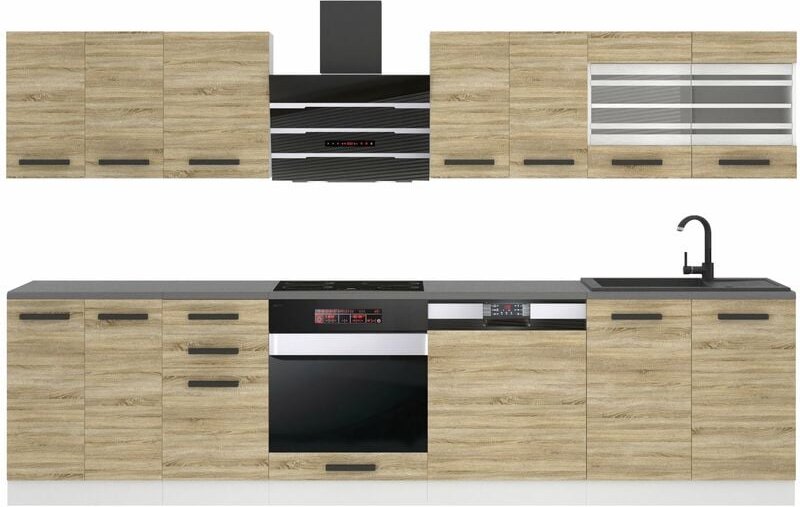 Küchenzeile Küchenblock Lucy - Küchen-Möbel 300 cm Küche komplett ohne Elektrogeräten mit Hängeschränke und Unterschränk...