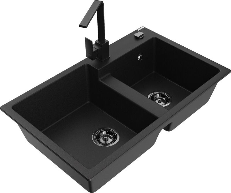 Tomas 2-Becken-Granitspüle mit Mischbatterie Rita, Schwarz - 6516-77-670300-70-B - Mexen
