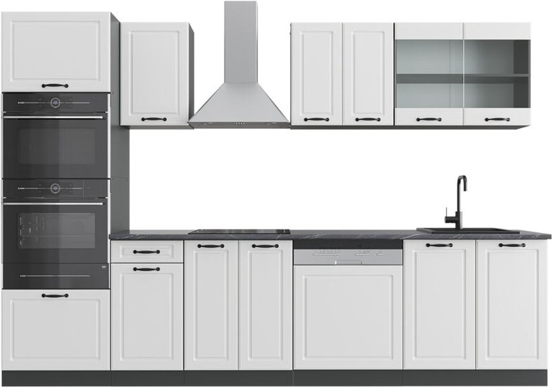 Vicco - Küchenzeile R-Line, Weiß Landhaus/Anthrazit, 300 cm mit Hochschrank, ap Anthrazit