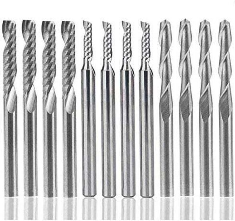 12-teiliges Hartmetall-Fräser-Set, 4 Stück 1/8 Zoll Doppelnut-CNC-Fräser + 8 Stück Einzelnut-Fräser (2 Typen) für Nylon,...