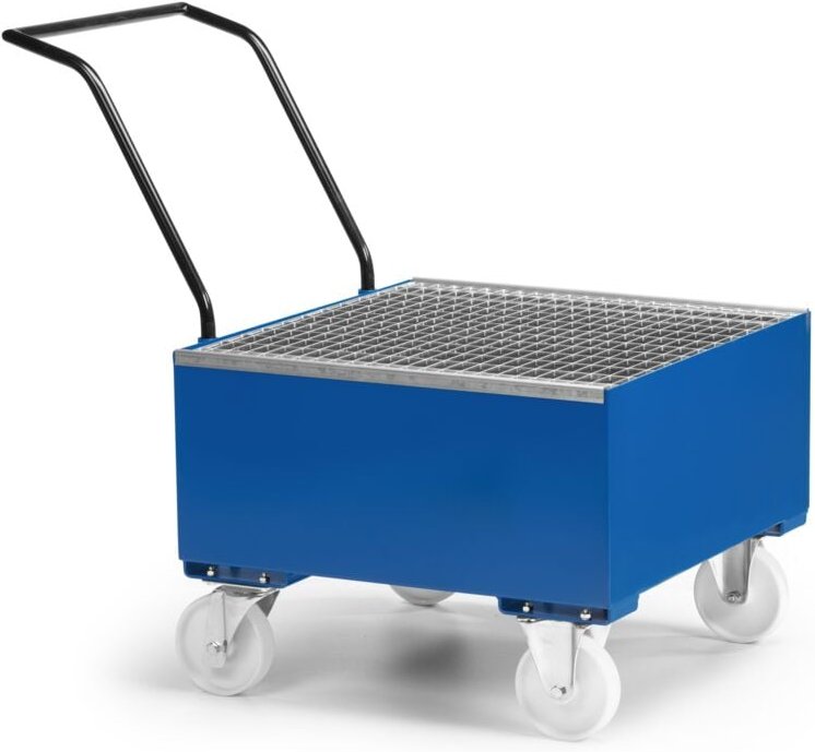 RR Industrietechnik Fahrbare Auffangwanne aus Stahl für 1x 200 Liter Fass mit Gitterrost RAL 5010 enzianblau