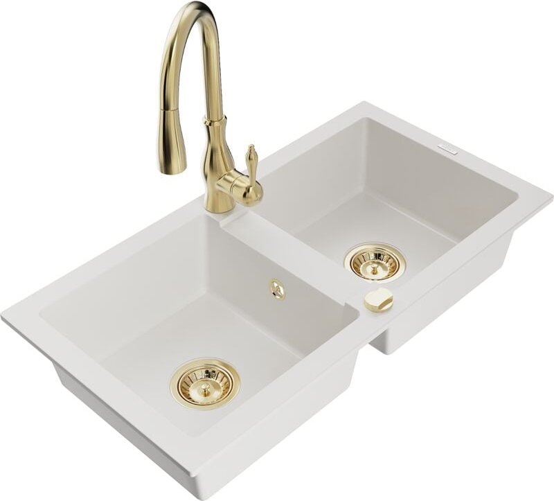 Mexen Mario 2-Becken-Granitspüle mit Mischbatterie Savita, Weiß - 6504-20-672601-50