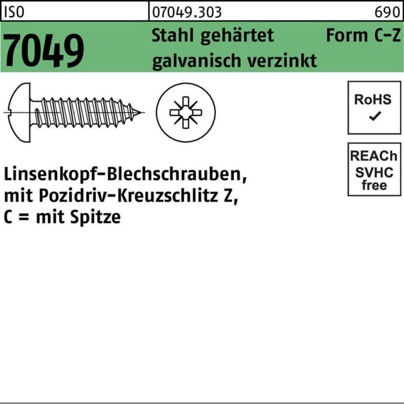 ISO 7049 Form CZ Linsenkopf-Blechschraube VG 3,5x45 Stahl galvanisch verzinkt PZ 500 Stk