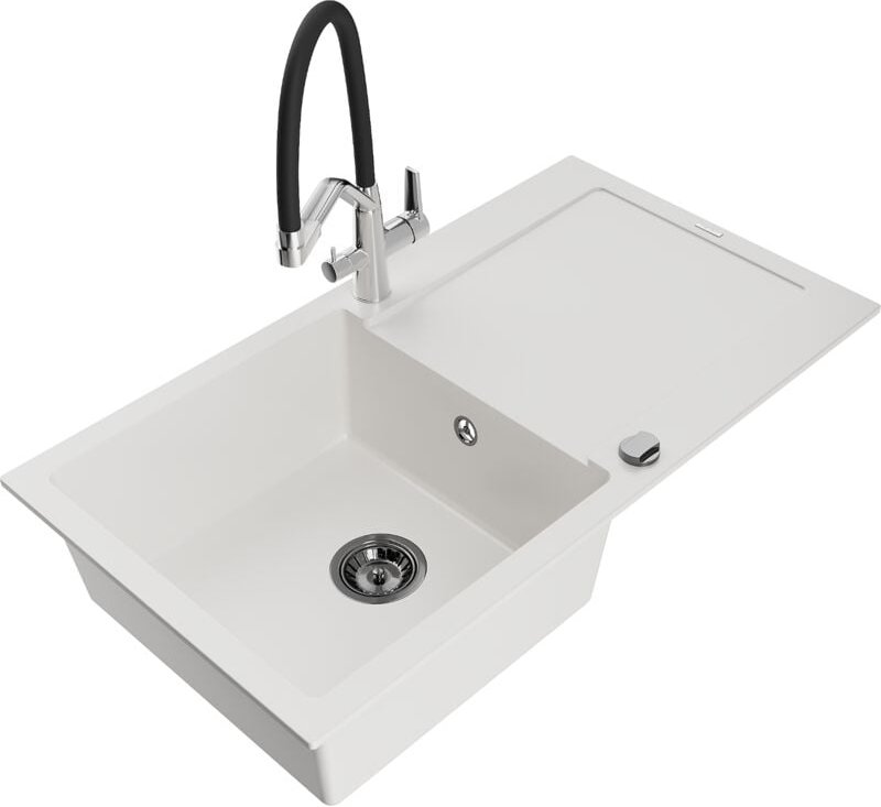 Leo 1 Becken-Granitspüle mit Abtropffläche und Mischbatterie Duo, Weiß - 6501-20-671701-07-B - Mexen